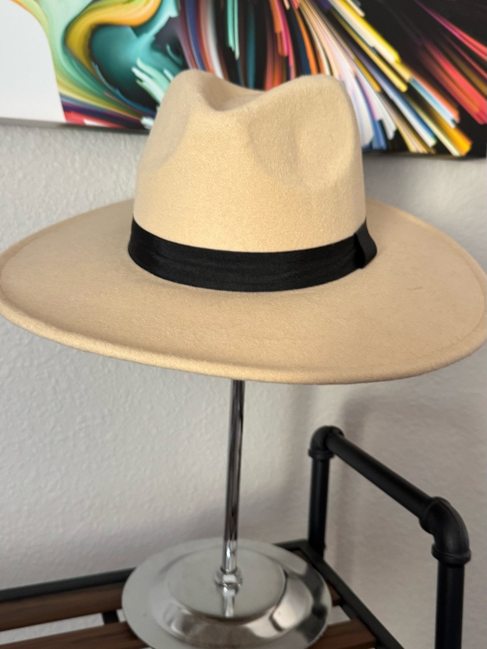 Wide Brim Tan Felt Fedora with Black Band